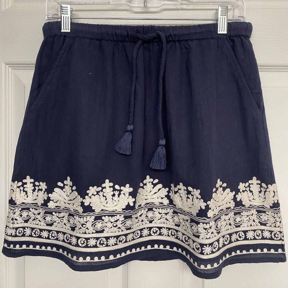 Garnet Hill Navy Mini Skirt 100% Cotton with Pockets and Tassel Tie - Size S